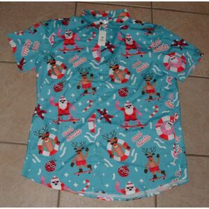 NEW Mens Sz Medium CHRISTMAS SANTA CLAUS REINDEER Print Button Up Holiday Shirt